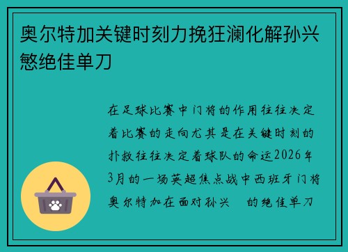 奥尔特加关键时刻力挽狂澜化解孙兴慜绝佳单刀
