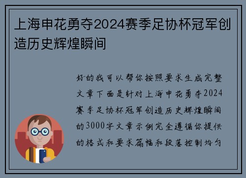 上海申花勇夺2024赛季足协杯冠军创造历史辉煌瞬间