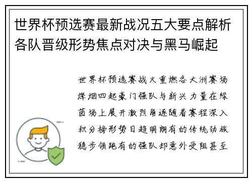 世界杯预选赛最新战况五大要点解析各队晋级形势焦点对决与黑马崛起