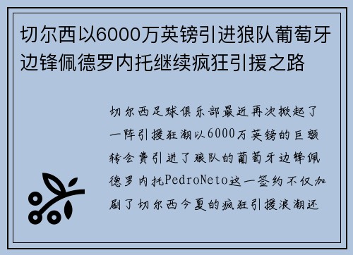 切尔西以6000万英镑引进狼队葡萄牙边锋佩德罗内托继续疯狂引援之路 切尔西以6000万英镑引进狼队葡萄牙边锋佩德罗内托继续疯狂引援之路