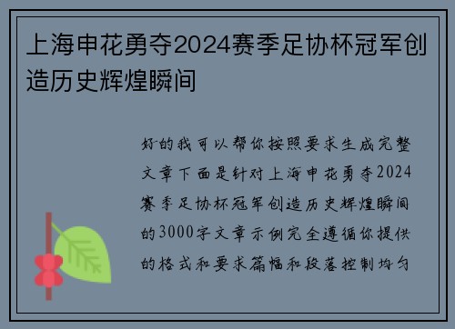 上海申花勇夺2024赛季足协杯冠军创造历史辉煌瞬间