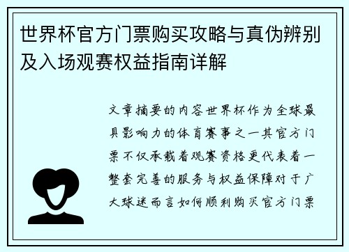 世界杯官方门票购买攻略与真伪辨别及入场观赛权益指南详解